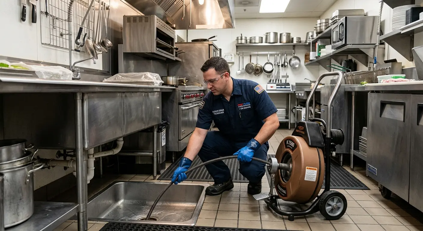 Commercial drain cleaning service in a restaurant kitchen in Conway