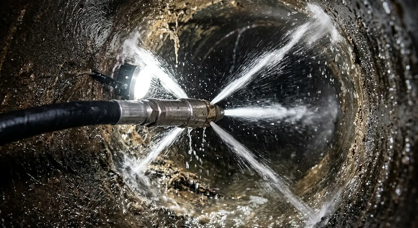 High-pressure hydro jetting nozzle cleaning sewer pipe for Trenchless Sewer Repair in Conway
