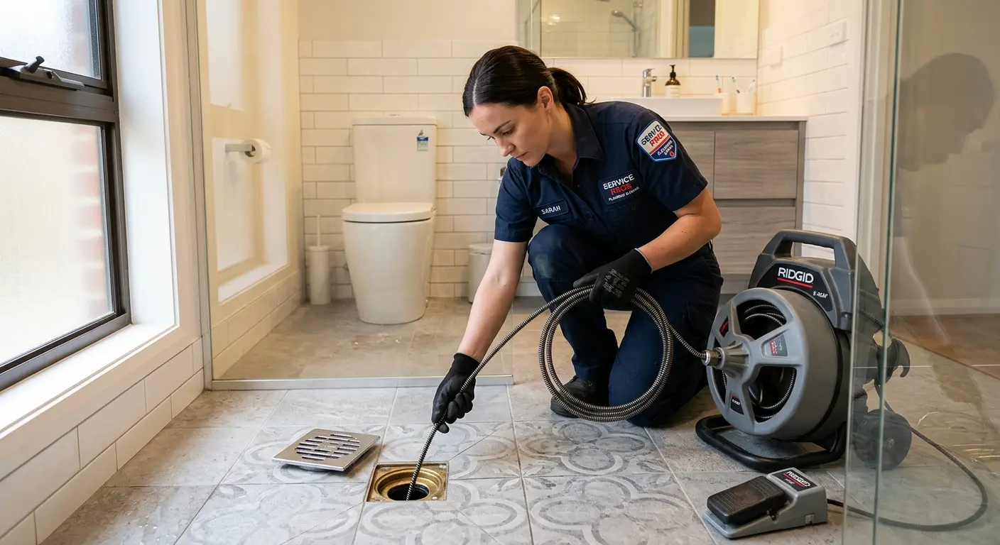 Technician clearing a bathroom floor drain for Sewer Line Installation in Conway